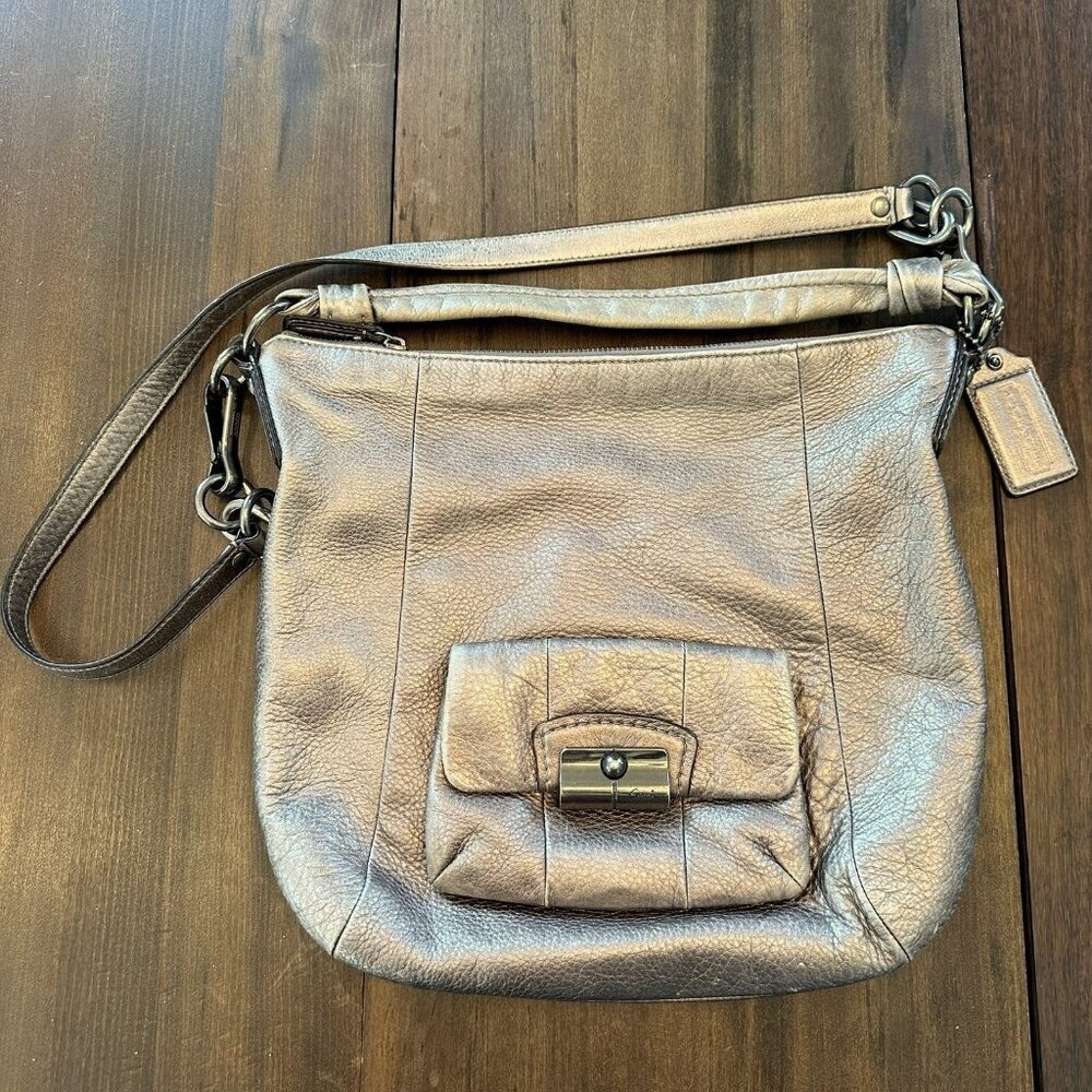 Coach Kristin Metallic Gold Pebbled Leather Hobo Bag Convertible Handbag